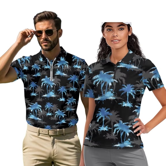 Binienty Blue Palm Tree Matching Couple Golf Shirts Lightweight Moisture Wicking Couple Shirt for Men Women with Zipper Daily Wear for Tennis Hiking & Outdoor Sports