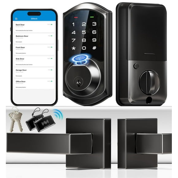 Veise Cerraduras inteligentes con huella dactilar para puerta delantera con juego de 2 manijas de palanca, control de aplicaciones, entrada sin llave, cerrojo con teclado digital electrónico, cerradur