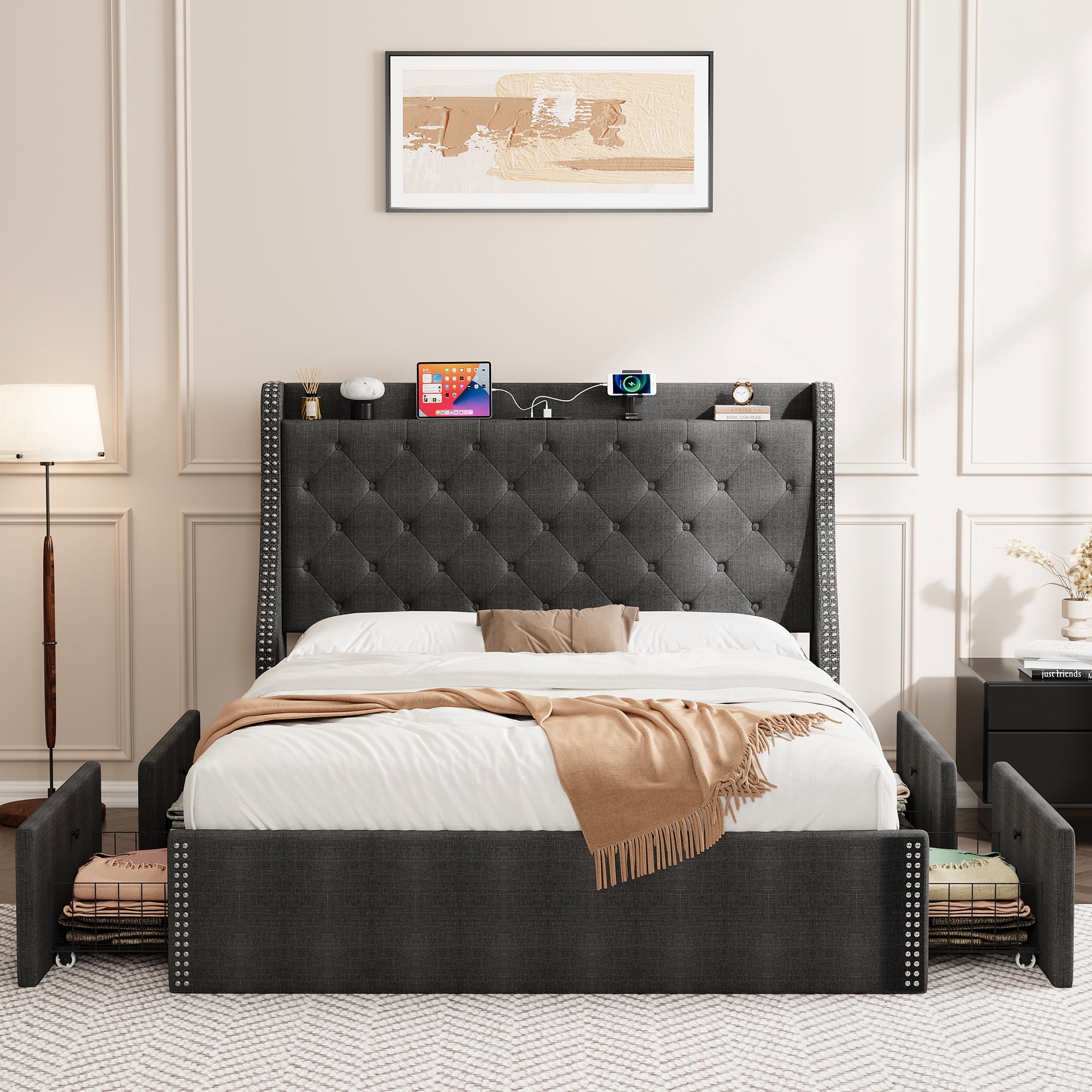 JoanKaren Queen Bed Frame,Luxury Upholstered Platform Beds with Charging Station,4 Storage Drawers&Adjustable Headboard,Easy Assembly,Gray