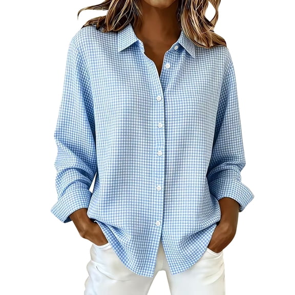 Sillenn Women's Plaid Button Down Collared Shirt Long Sleeve Gingham Checkered Blouse Dressy Casual Work Office Tunic Shirts Lightweight Loose Fit Boyfriend Tops Fall Going Out Outfits Light Blue S
