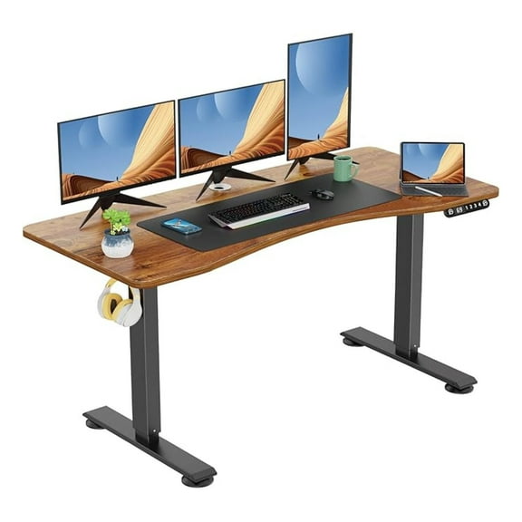 Electric Standing Desk Adjustable Height 55x24", Curved Desktop, Stand Up Computer Desk for Home Office, Ergonomic Design, Brown