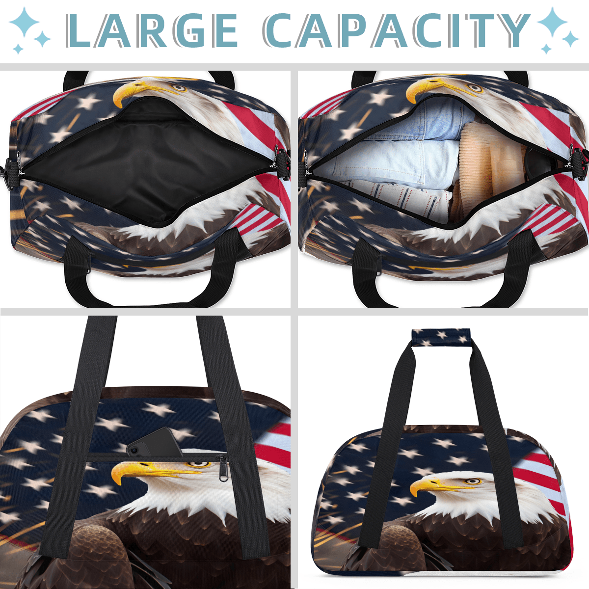 Herdesigns American Flag Eagles Sports Duffle Bag for Women & Men, 4th of July Gym Bag Dance Bag Overnight Bag Carry On Weekender Travel Bag