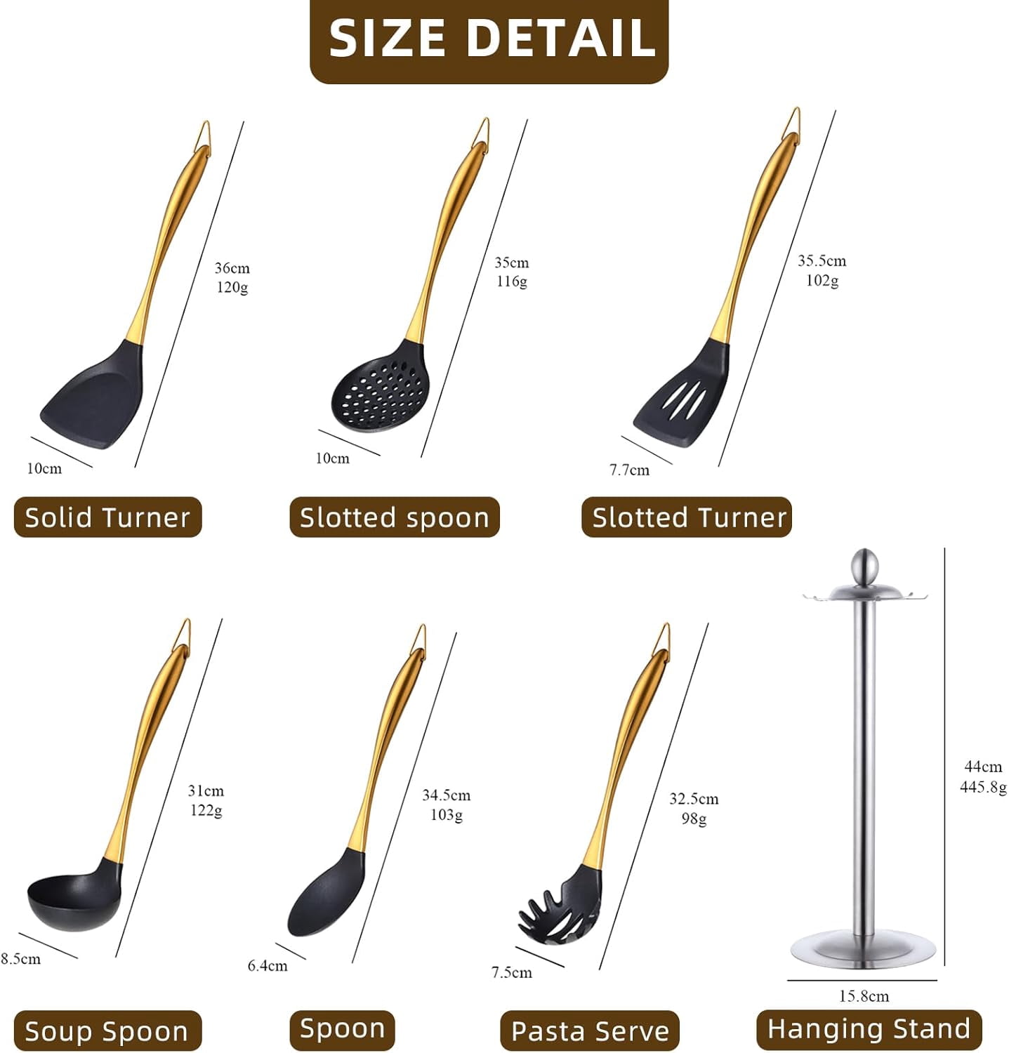 Silicone Cooking Utensils Set, 6-Piece Non-Stick Kitchen Utensil Set with Titanium Stainless Steel Handles & Holder, Spatula, Spoon, Tongs for Baking, Grilling & Frying - Dishwasher Safe,  Gold
