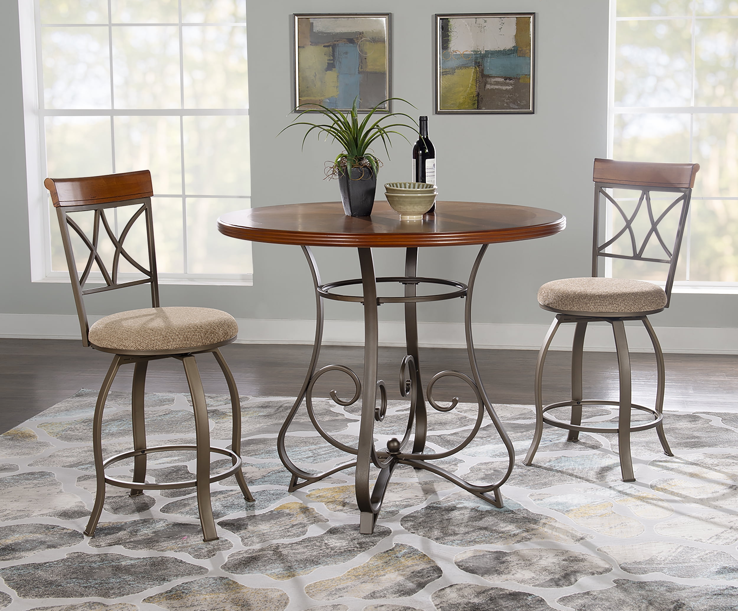 Roselyn 24" Counter Stool with Swivel, Brushed Faux Medium Cherry Wood with "Matte Pewter and Bronze" Metal