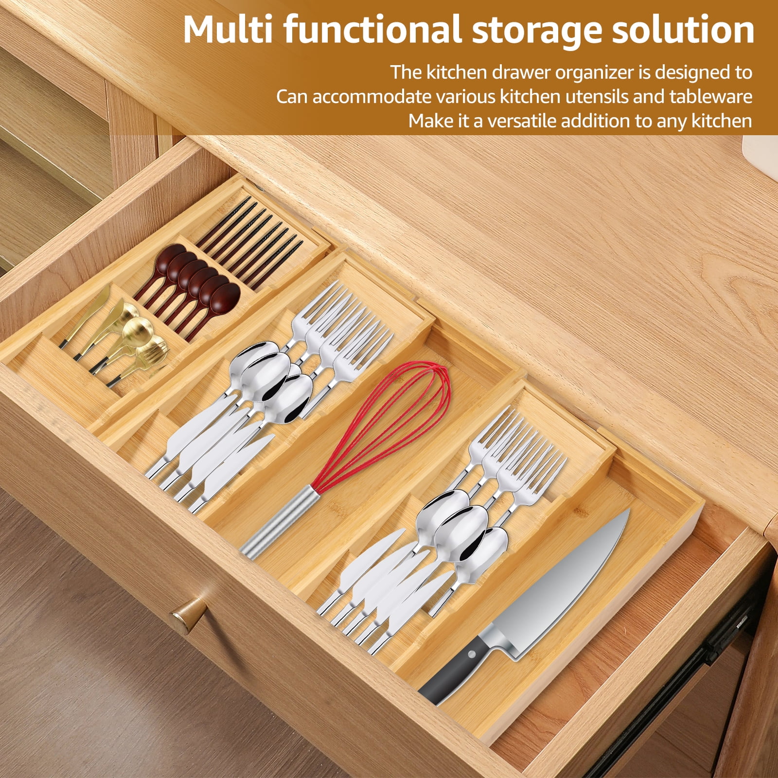 Kitchen Drawer Organizer Expandable Cutlery Tray Silverware Organizer Bamboo Utensil Tray Holder with 5 Compartment Flatware Sorting Tray for Tableware Fork Chopstick