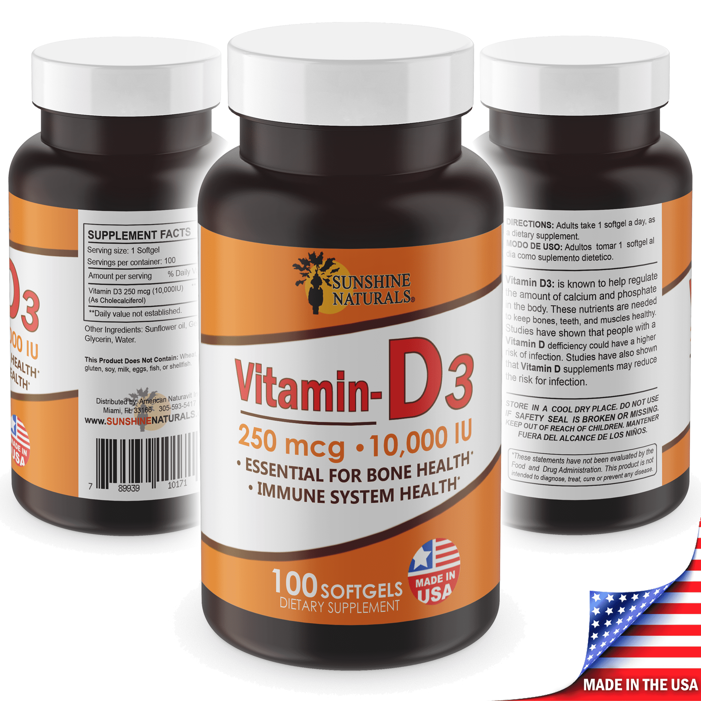 Sunshine Naturals Vitamin D3 Softgels, 10,000IU 250mcg, 100 Count