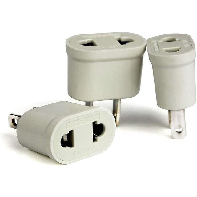 3pcs fr a ee.uu. adaptador convertidor enchufe europeo a enchufe americano para conectar dispositivos francia francia europa a los ee. uu. para ir a japón canadá tailandia t Blanco MACHAO. Set de tres adaptadores blancos, vista frontal y lateral; entradas tipo C/CEE de 2 clavijas y salidas planas tipo A, carcasa de plástico lisa con marcado "10A 250V" visible. Sólo adapta el tipo de enchufe, no el voltaje; suele usarse como accesorio de viaje para conectar cargadores y dispositivos estadounidenses.