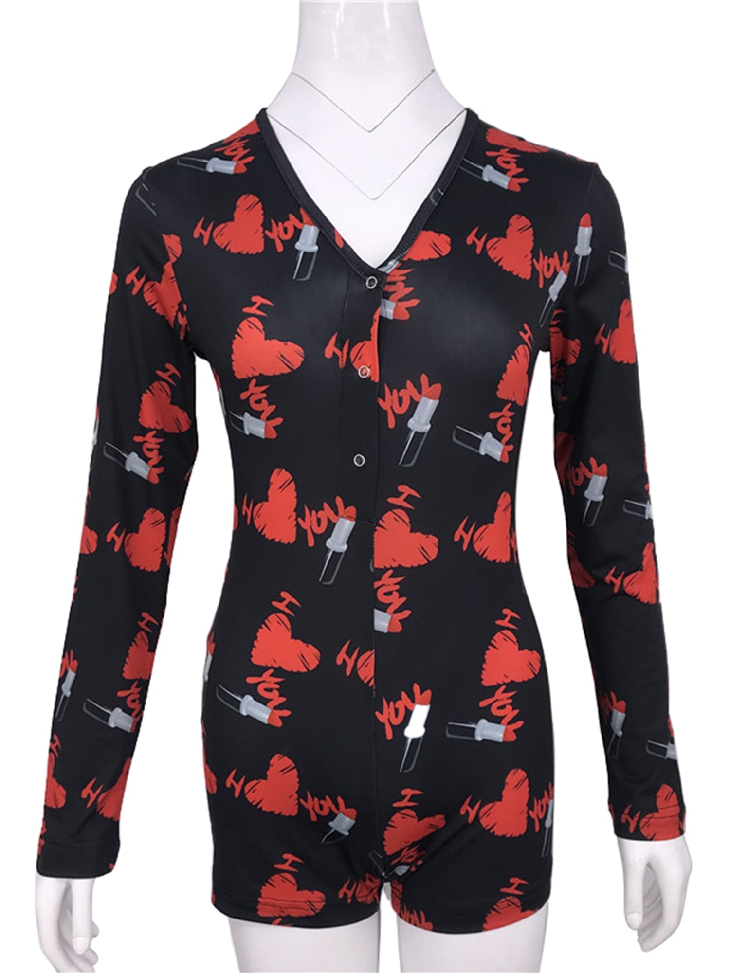 Women Christmas Pajamas V Neck One Piece Bodysuit Bodycon Romper Long Sleeve Sleepwear Black S
