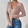 thumbnail image 6 of Htigea Women's Sheer Lace Trim Tee Shirts Long Sleeve Eyelet Tops Casual V Neck Stretch Slim Blouses Fall Clothes Pink L, 6 of 9