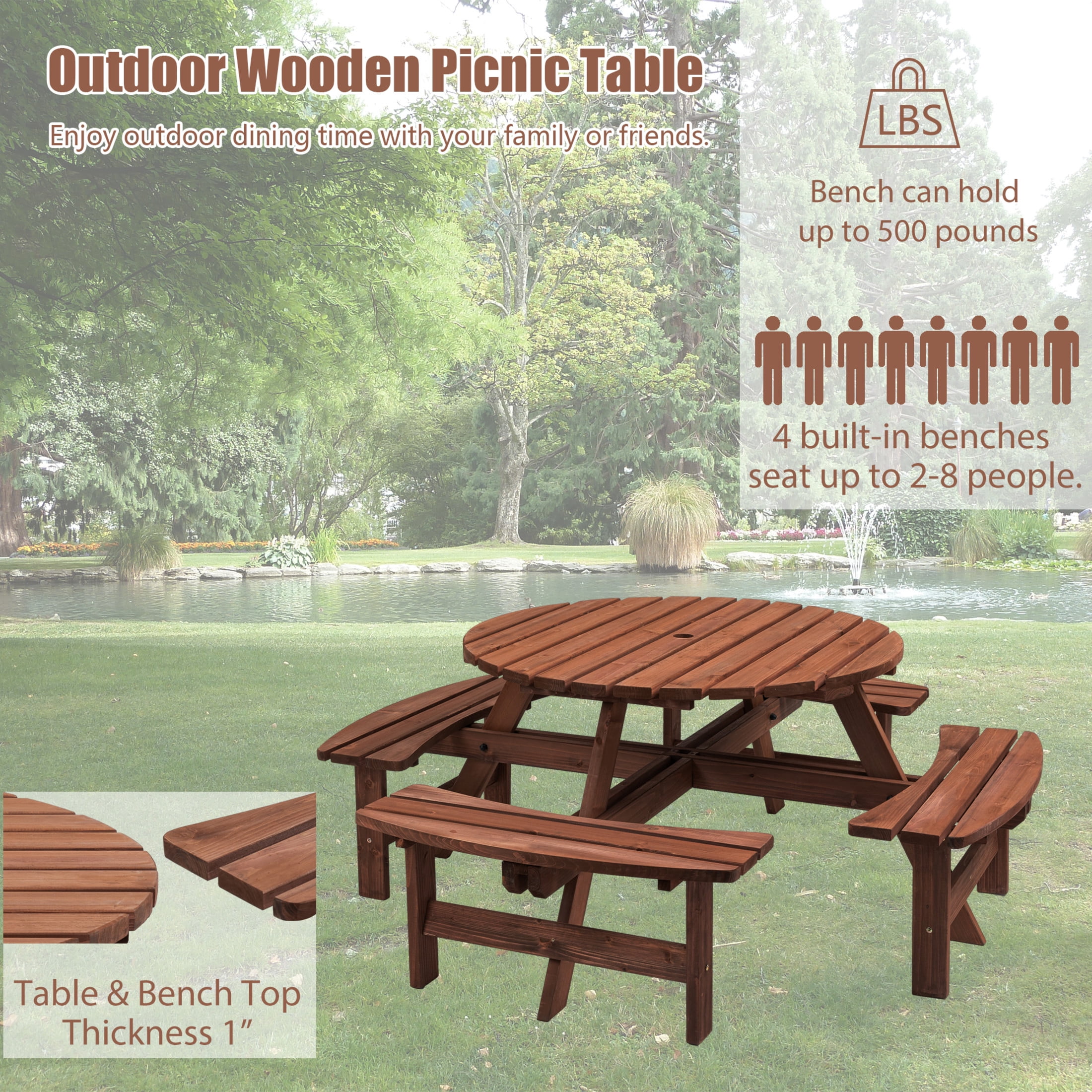 Noble House Isolde 8-Seat Circular Picnic Table with Built-in Benches and Umbrella Hole, Outdoor Fir Wood Set, Brown