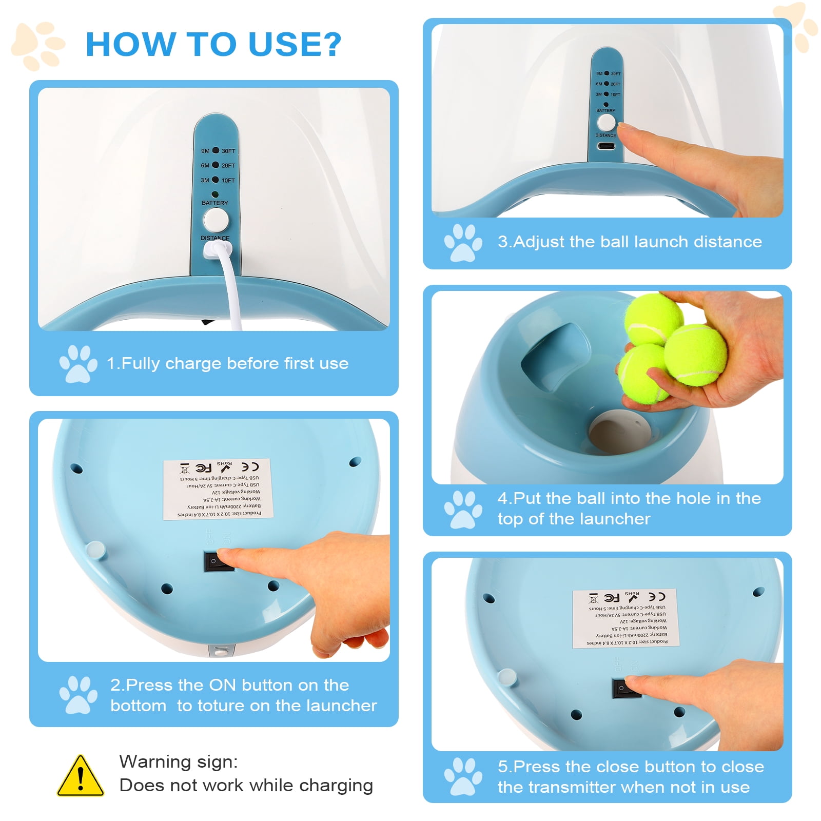 Automatic Dog Ball Launcher for Small Dogs, Indoor/Outdoor Interactive Dog Toy,USB Rechargeable Ball Thrower,10-30 Ft,Includes 15 Mini Tennis Balls,Blue