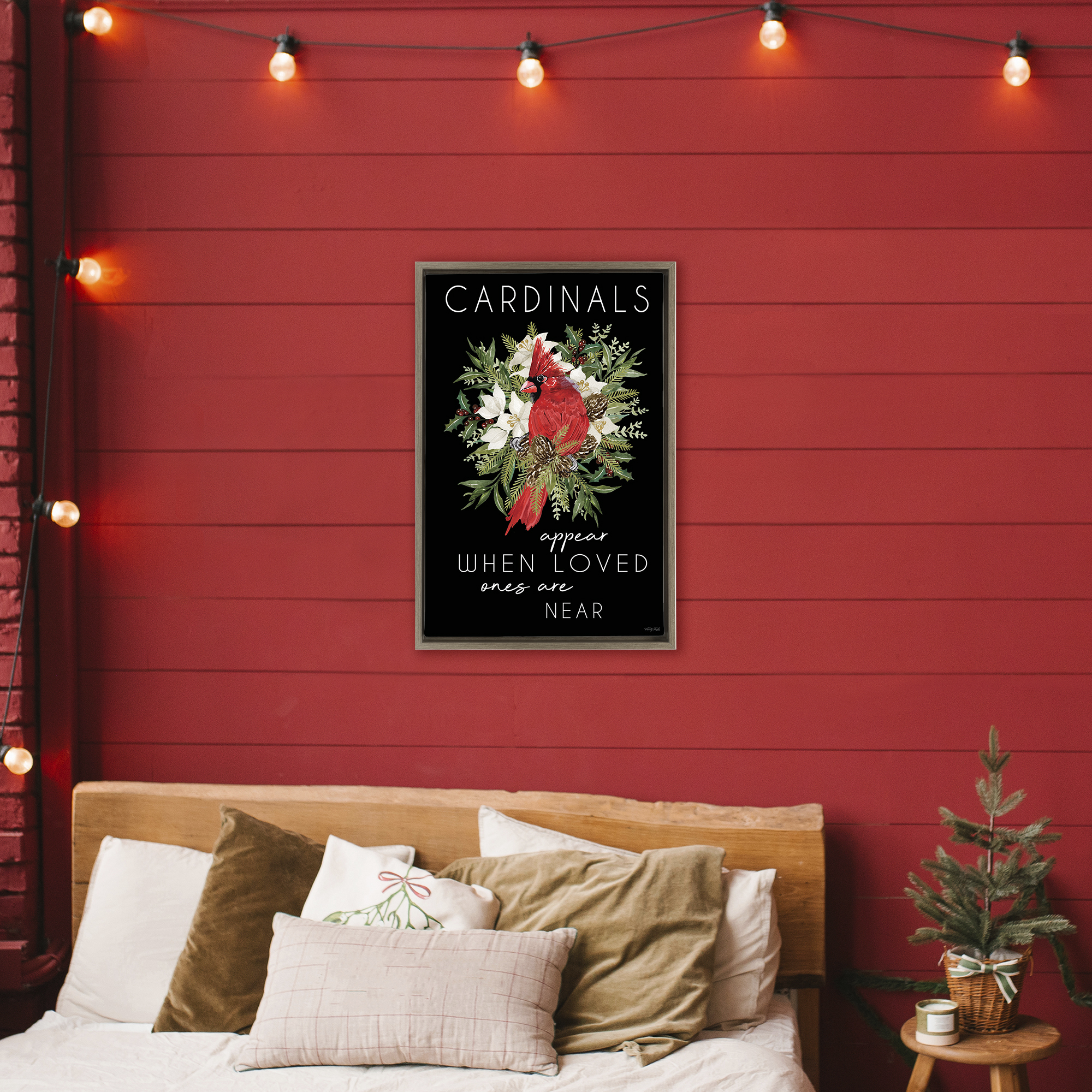 Cardinals Appear Seasonal Sentiment Brown Framed Floater Canvas Wall Art, design by Cindy Jacobs