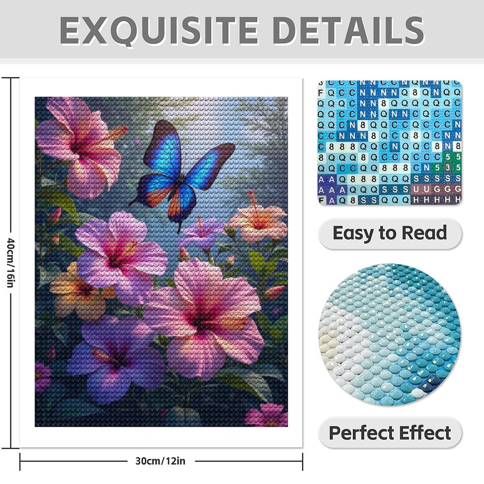 Diamond Art Kit for Adults, Blue Butterfly Pink Hibiscus Garden Diamond Painting for Adults Beginners, DIY Diamond Art Painting Kits, 5D Diamond Painting Crafts for Home Decor 12x16 Frameless