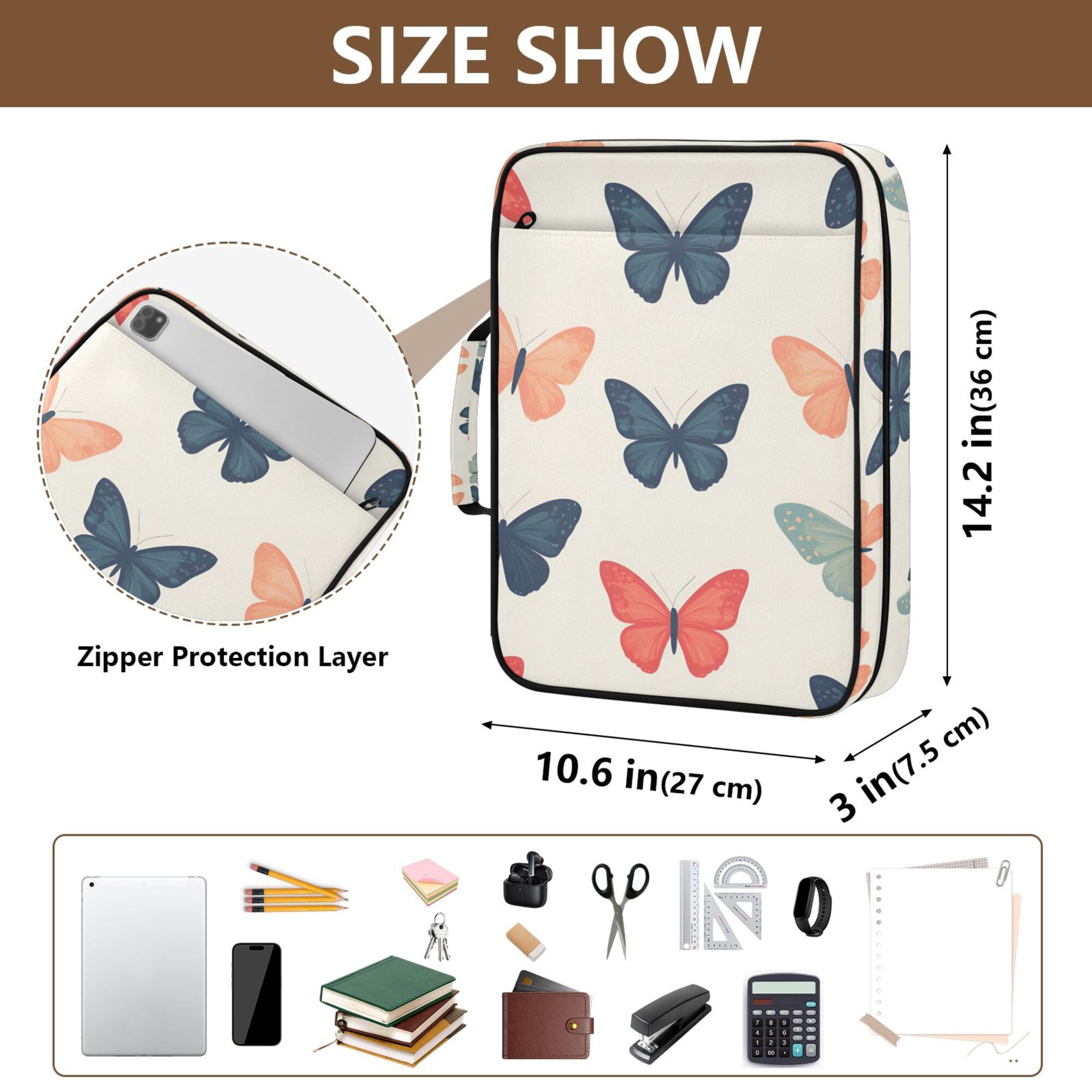 FORMRS Accordion File Folder A4 Size 7-Pocket Expanding Document Organizer Bag with 3 Ring Binder, Orange Butterflies