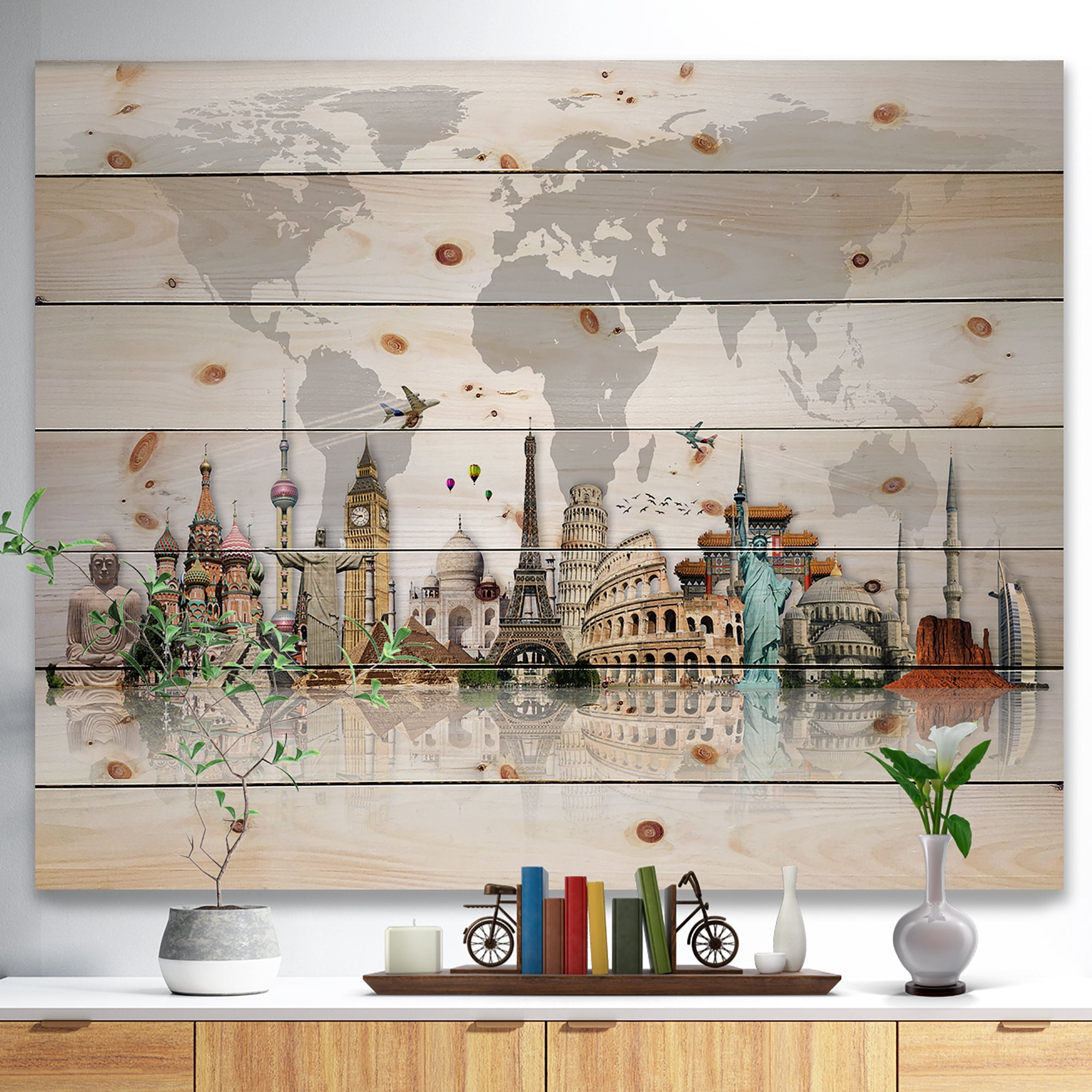 Designart 'World Famous Monuments' Print on Natural Pine Wood