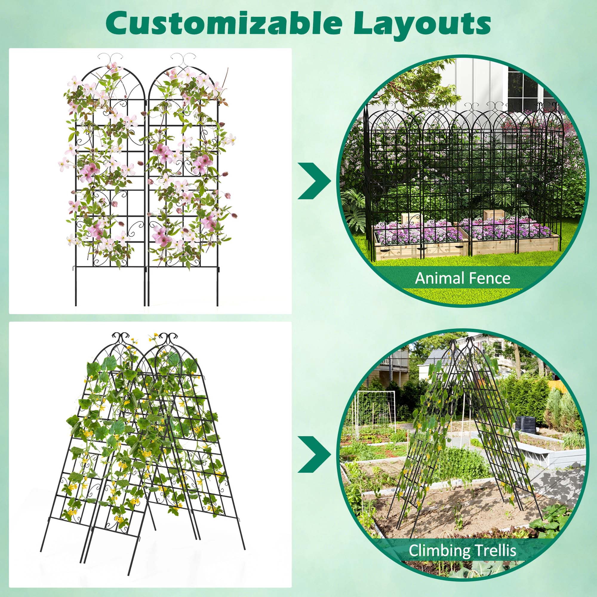Costway 71" Tall Metal Garden Trellis for Climbing Plants 4 Pack Fence Panels Retro