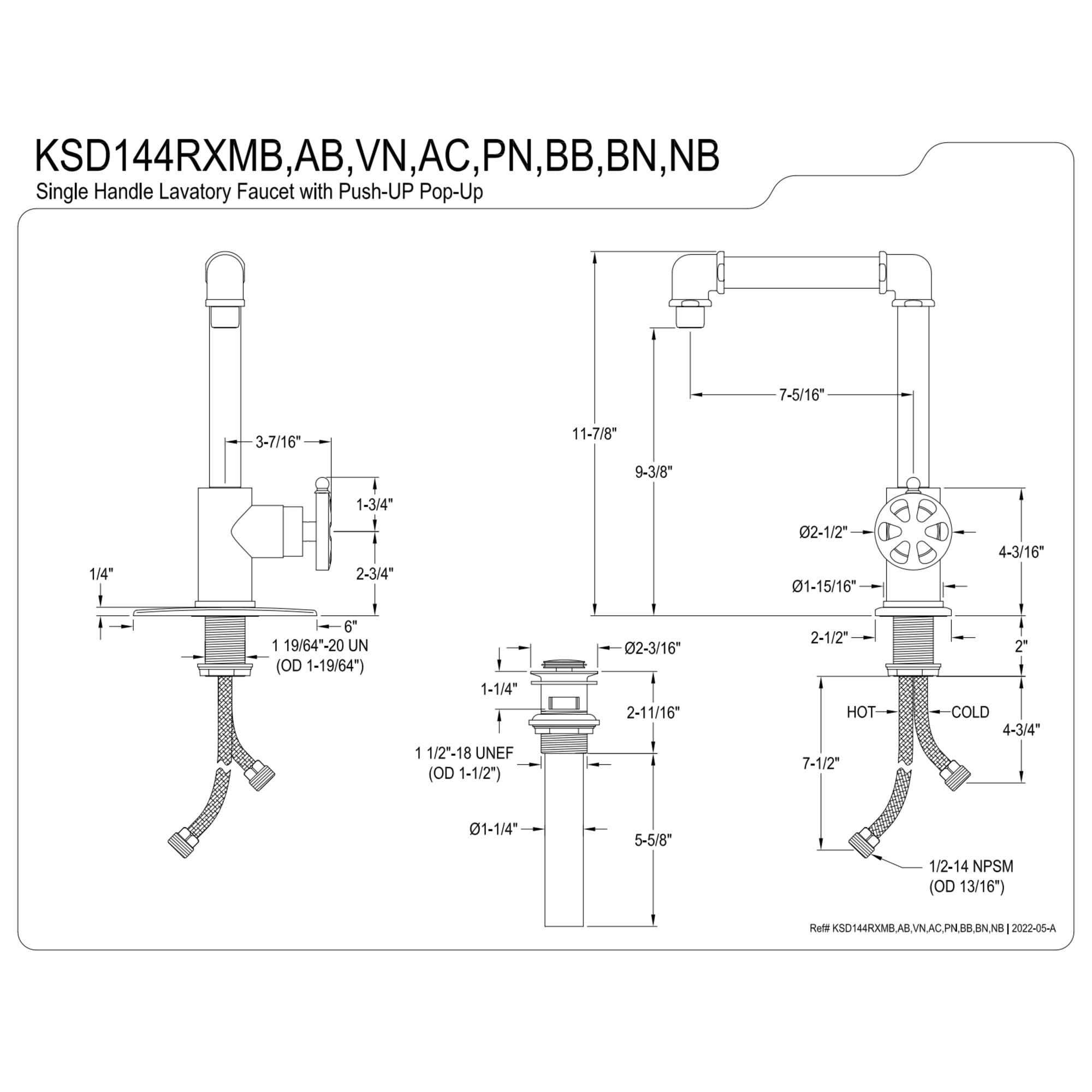 Kingston Brass KSD144RXMB Belknap One-Handle Single-Hole Bathroom Faucet with Deck Plate and Push Pop-Up Drain, Matte Black