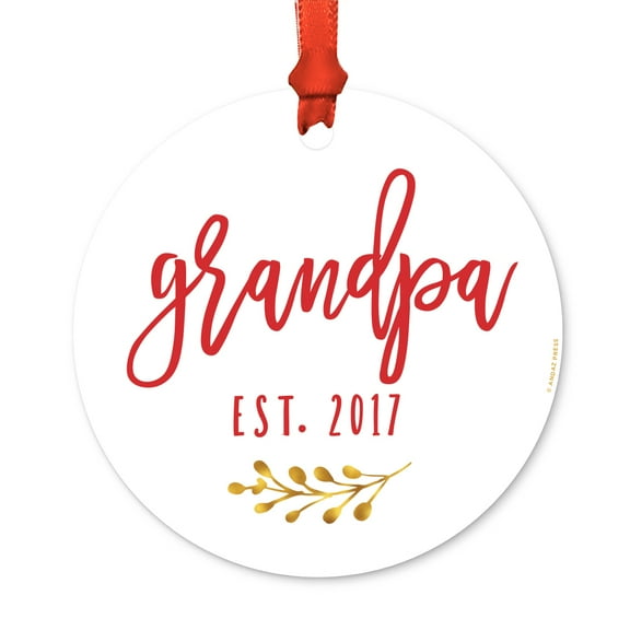 Family Metal Christmas Ornament, Grandpa Est. 2017, Includes Ribbon and Gift Bag