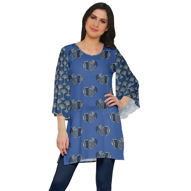 Moomaya Kurta Mini à Manches Kimono Tunique d'Été Kurtis Courts Imprimés pour Femmes