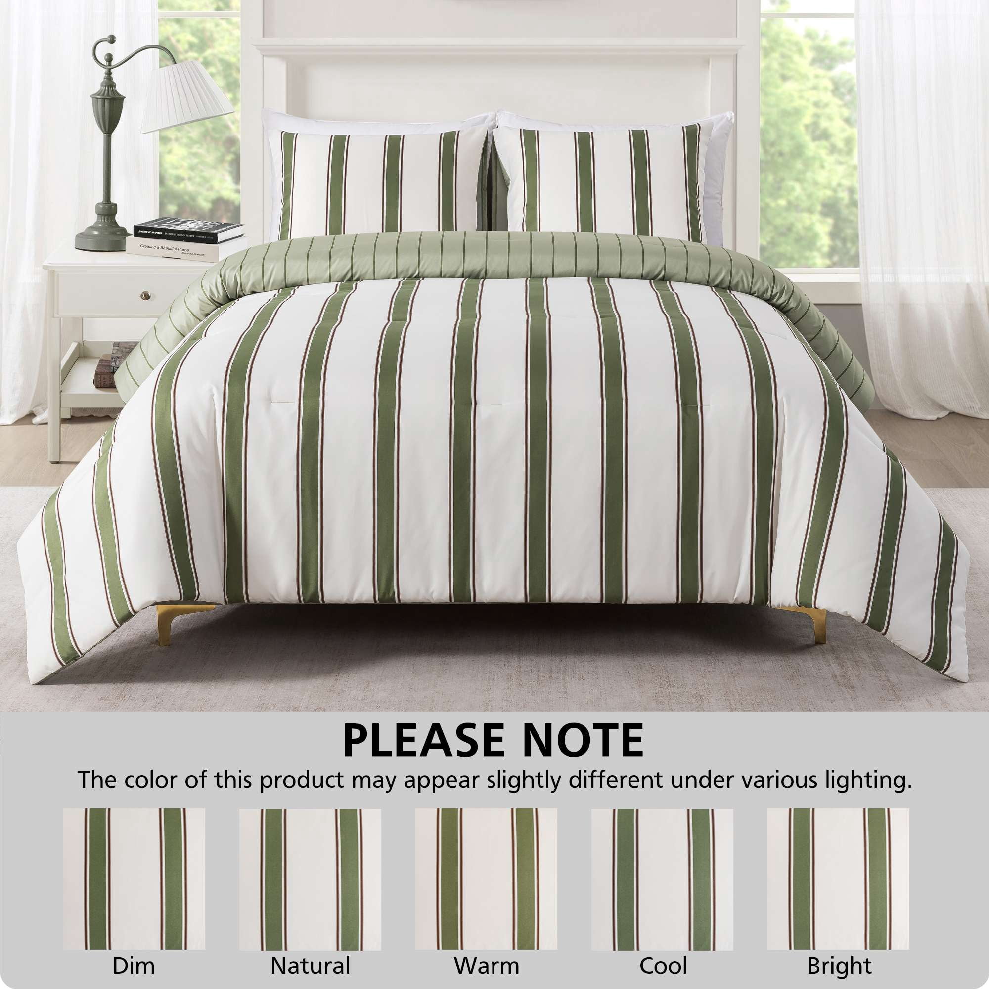 Mainstays Full/Queen Comforter Set, All-Season, 3-Piece, Green Stripe