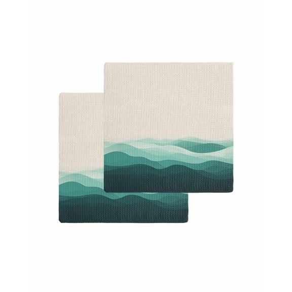 Teal Beige Ombre Kitchen Dish Towels for Drying Dishes Set of 2, Minimalist Ocean Waves Linen Waffle Weave Microfiber Terry Hand Tea Bathroom Towels Quick Dry & Absorbent Towel 12x12