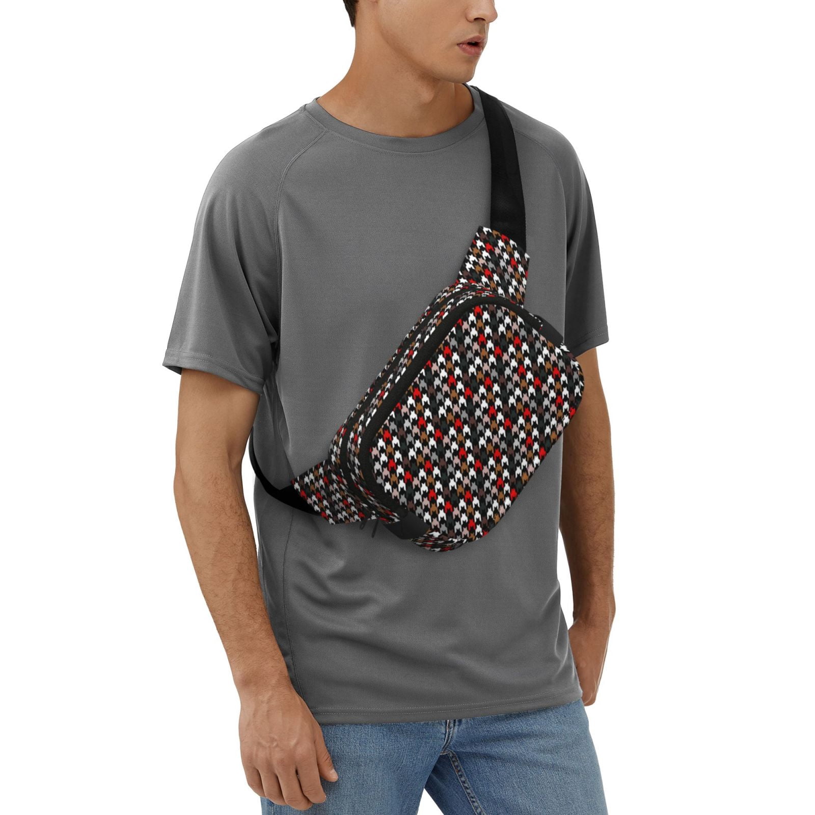 Picia Houndstooth Green Red Print Square Double-Layer Waist Bag Mini Adjustable Waist Belt Bag Exercise Running Travel Hiking