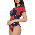 thumbnail image 2 of KLL Women 's Crew Neck Bodysuit Jumpsuits Rose Flower Print Short onesies Stretch T Shirts, 2 of 7