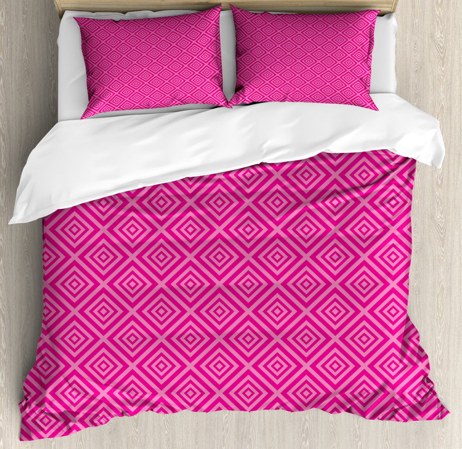 Hot Pink Duvet Cover Set, Darker Colored Squares Pattern Nested Design