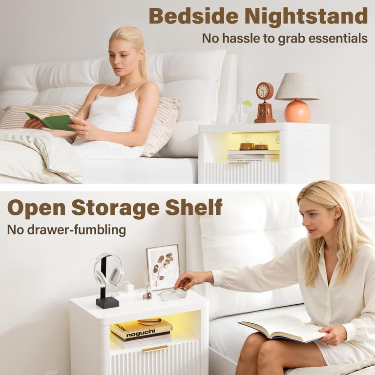 Lacoo End Table with Lights & Power Outlet, Fluted Nightstand with 2 Drawers for Bedroom, Sofa Side End Table for Living Room, White