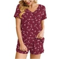 thumbnail image 3 of QATAINLAV 2 Piece Sets for Women, Casual Short Sleeve Tees and Shorts Lounge Set Trendy Printed V Neck Shirts Matching Shorts Sleepwear Outfits, Wine, S, 3 of 9