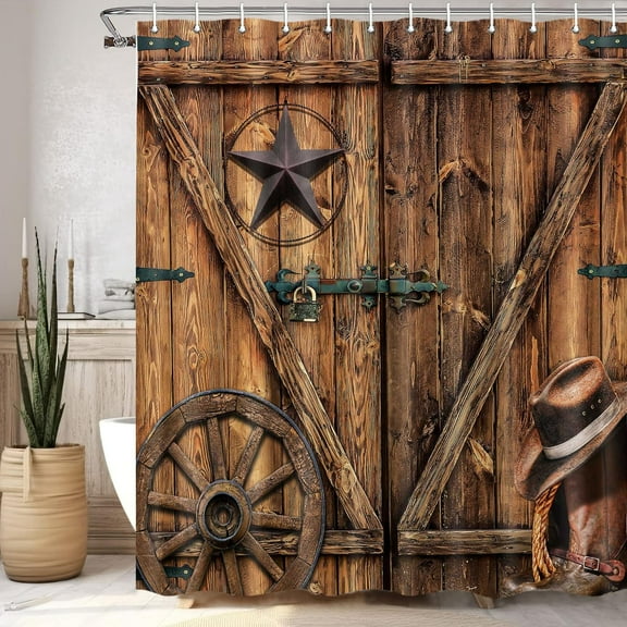 Texas Star Western Barn Door Shower Curtain Sets for Bathroom,Cowboy Hat Boots Wheel Decor Curtain, Vintage Rustic Wooden Board Farmhouse Bath Curtain with Hooks 72x72IN