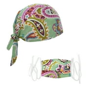 Opromo Scrub Cap Hat with Sweatband for Ponytail and Free Reusable Cotton Mask-Green Paisley