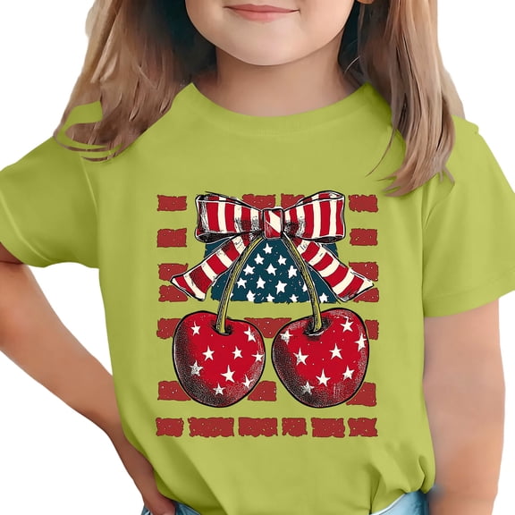 Virmaxy Unisex 4th of July Cherry Print Summer T-Shirt American Flag Crew Neck Short Sleeve Loose Tee for Independence Day Celebration, for 3-15Y