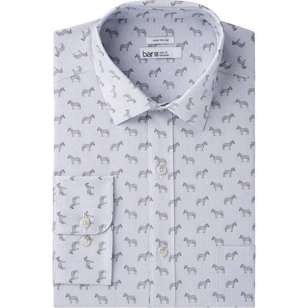 bar III Camisa de vestir con botones de cebra para hombre, gris, 15-15.5