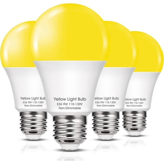PLUHKN-Yellow LED Bug Light Bulbs Outside, A19 LED Yellow Bug Bulb Outdoor 60W Equivalent, 9W Yellow Amber Bug Lights E26 Base Porch Lights, Non-Dimmable LED Lighting for Home, Patio, Deck, Backyard,