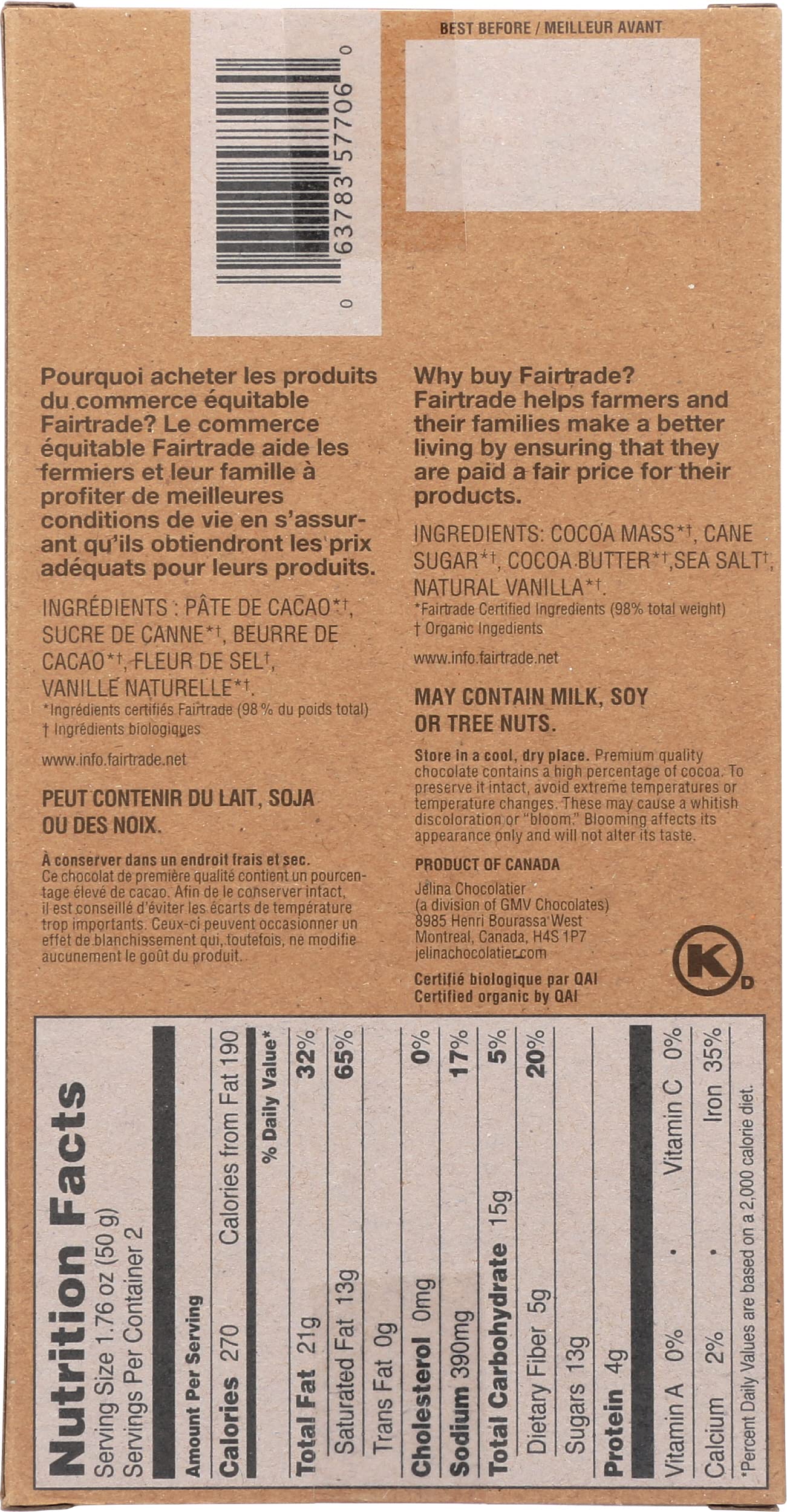 Jelina Chocolatier Organic Sea Salt Dark Chocolate, Fair Trade, Kosher, 3.52 Ounce (Pack of 8)