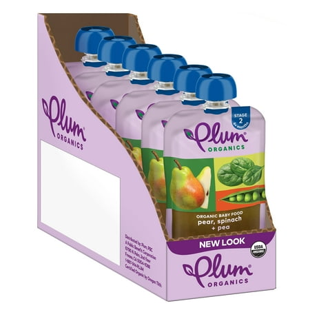 Plum Organics Stage 2 Baby Food, Pear Spinach & Pea, 4 oz Pouch, 6 Count