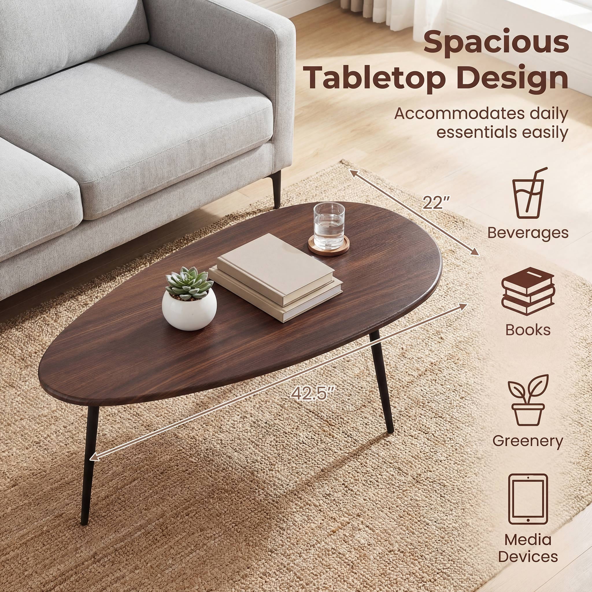 ELLEGNT Oval Coffee Table with Sturdy Metal Frame - Mid Century Center Table for Home Walnut