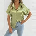 thumbnail image 6 of Olyvenn Fashion Satin Silk Button Down Shirts Women's Dress Shirts Collared Roll Up Short Sleeve Blouse Ladies Summer Office Work Tops Mint Green L, 6 of 6