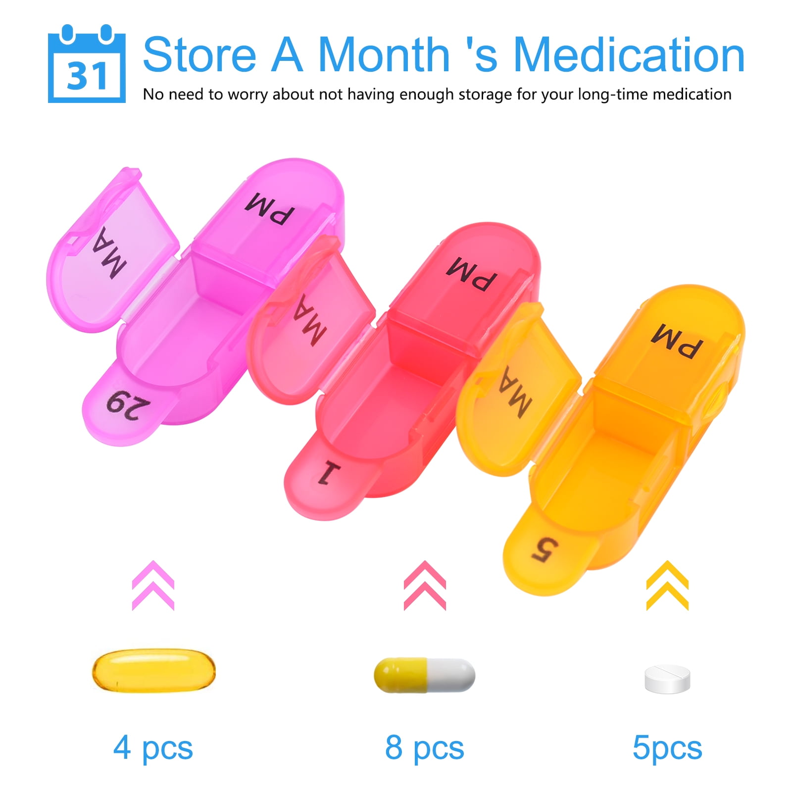 Monthly 30 Day 2 Times A Day Pill Organizer, 4 Week Medicine Organizer, Moisture-Proof Pill Cases Pill Box, Small Compartments to Hold Vitamins Fish Oil Supplements Great for Travel (8 Pack)