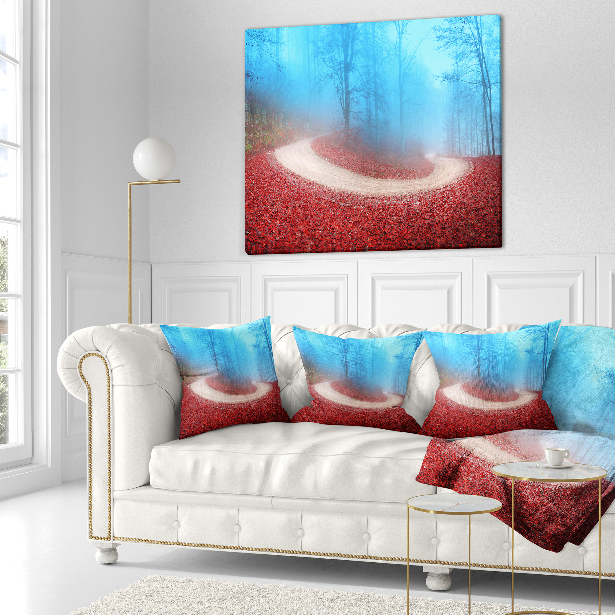 Designart Curved Road in Autumn Forest - Landscape Photo Throw Pillow - 18x18