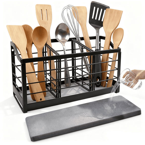 Extra Large Kitchen Utensil Holder, 3 Compartments & Diatomaceous Earth Base, Wall Mounted Anti Rust Metal Holder for Kitchen Counter, Farmhouse Cooking Utensil Storage, Black