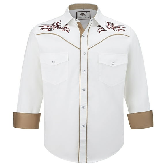 COEVALS CLUB Men's Embroidered Western Cowboy Long Sleeve Pearl Snap Two Pockets Casual Button up Shirts White 1-02 Large