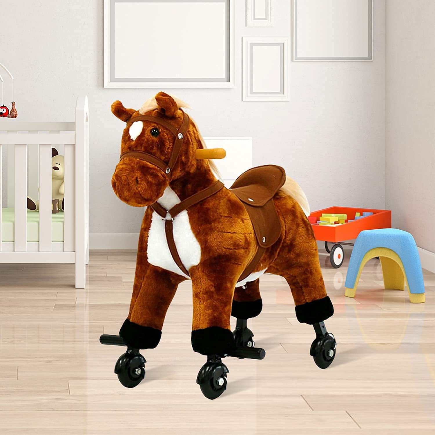 Kinbor Kids Ride on Rocking Horse Plush Toy with Sound Wheels and Toddler Baby Rolling Animal Feature Brown Walmart