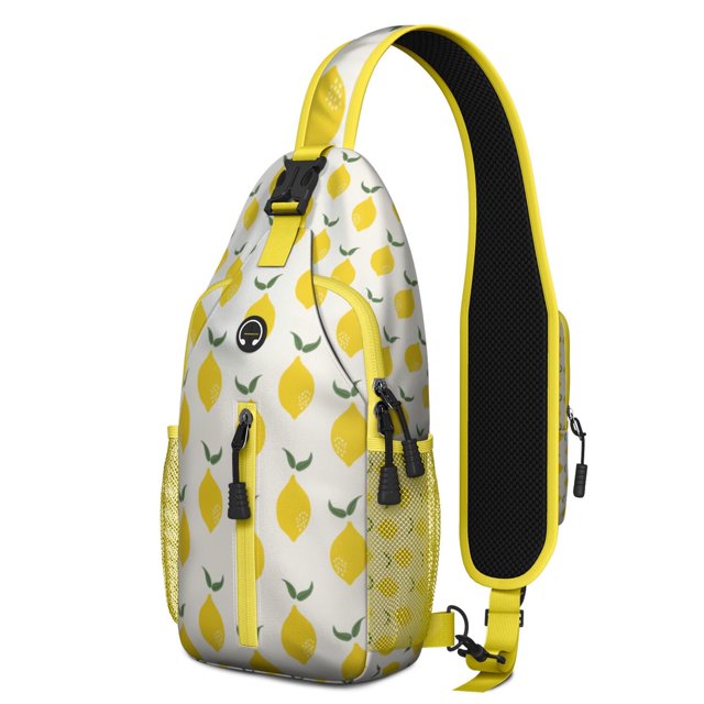 Bright Yellow Lemon Print Sling Backpack, Cute Summer Fruit Design Crossbody Daypack with Retro Vintage Floral Patterns, Lightweight and Adjustable Strap