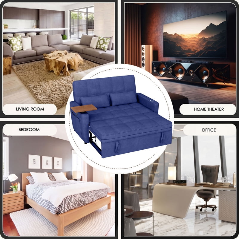 Anpport 3‑in‑1 Convertible Sleeper Sofa Bed, Pull‑Out Sofa with Side Desk, USB Ports, Cup Holders, Storage Armrests & Adjustable Backrest for Living Room Apartment, Blue