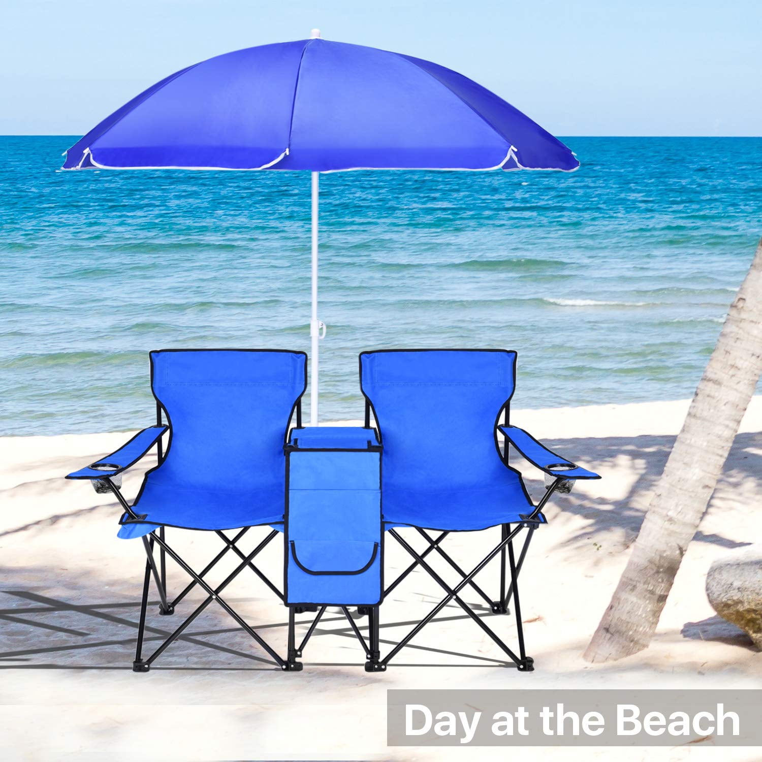 Lovinland Folding Chair 2 Pcs Camping Chair with Cooler and Umbrella Fold Up Dual Seat Chair for Beach Picnic Fishing 