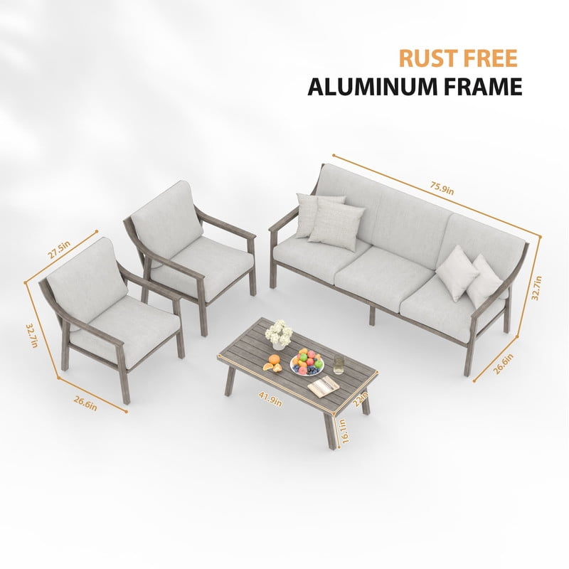 4-Piece Outdoor Patio Furniture Set for 5, Aluminum Outdoor Conversation Set Includes 1 Three-Seater Sofa, 2 Armchairs, and 1 Coffee Table