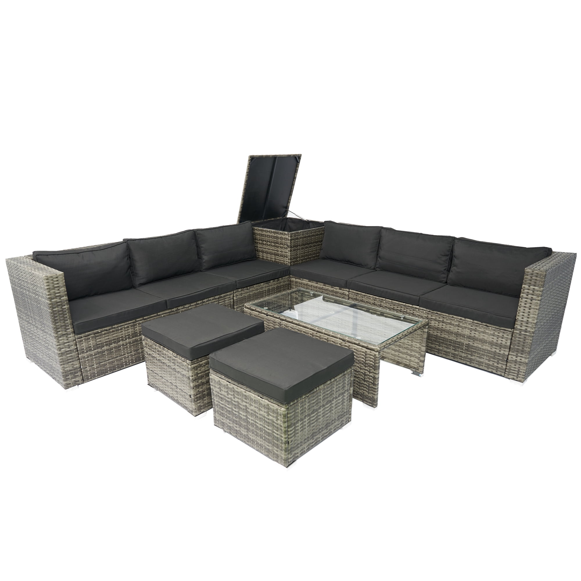 8-Piece Patio Furniture Set, All-Weather Rattan Patio Sectional Sofa Set with Storage Box & Glass Table, Configurable Outdoor Furniture for Deck, Pool, Garden, Grey & Black