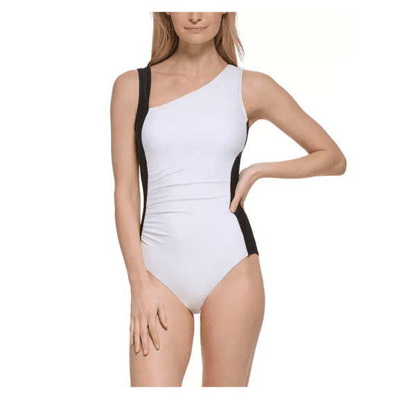 Calvin Klein Women's Colorblocked High-Neck Shirred Swimsuit, Black/White, 12